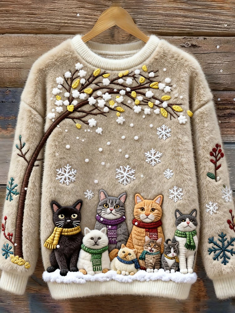 Cotton Sweater with Cats Under Snowy Tree with Scarves