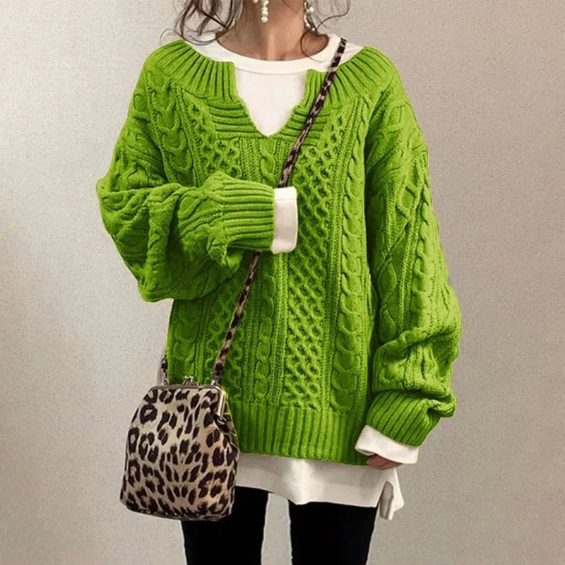 Cotton Cable Knit Sweater with Keyhole Neckline and Mixed Texture Panels