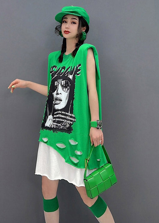 Green O-neck Print Patchwork Dress Sleeveless