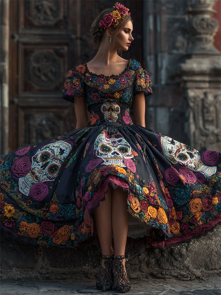 Comstylish Day Of The Dead Sugar Skulls Floral Embroidered Linen Maxi Dress