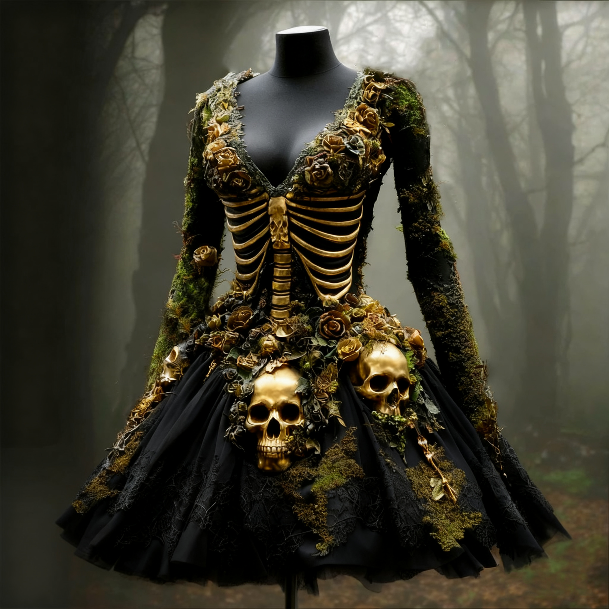 Comstylish Women's Halloween Skull Flowers Moss Witch Midi Dress