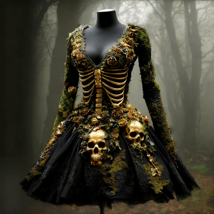 Comstylish Women's Halloween Skull Flowers Moss Witch Midi Dress