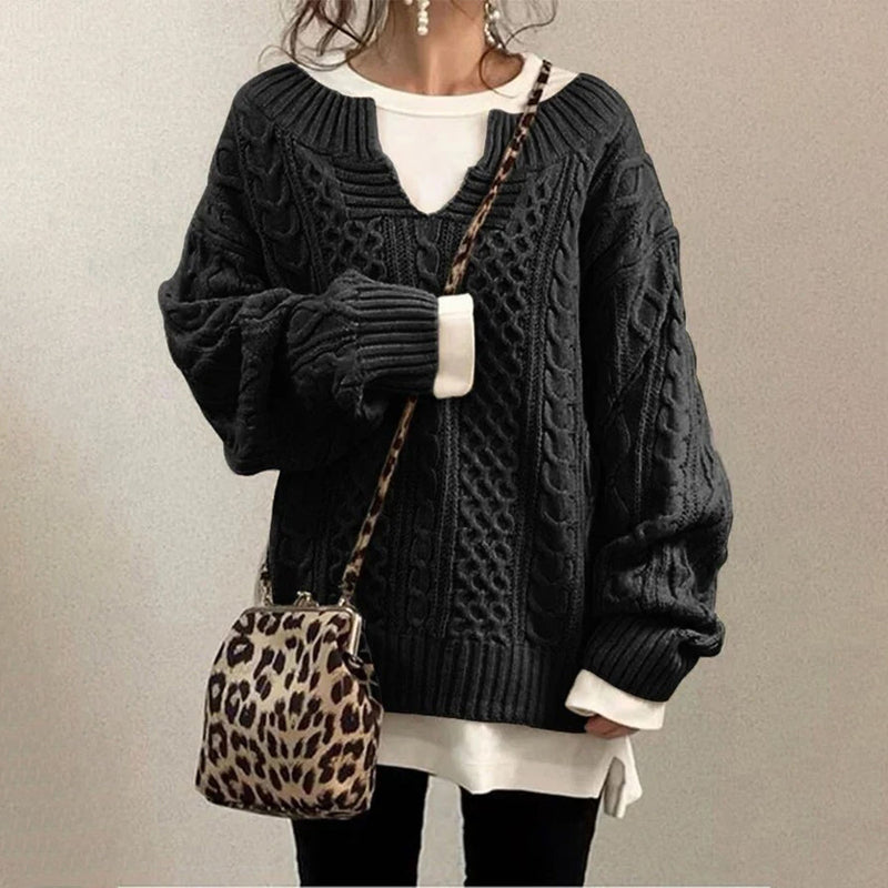 Cotton Cable Knit Sweater with Keyhole Neckline and Mixed Texture Panels