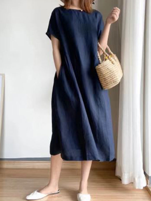 Loose Color Round-neck Midi Dresses