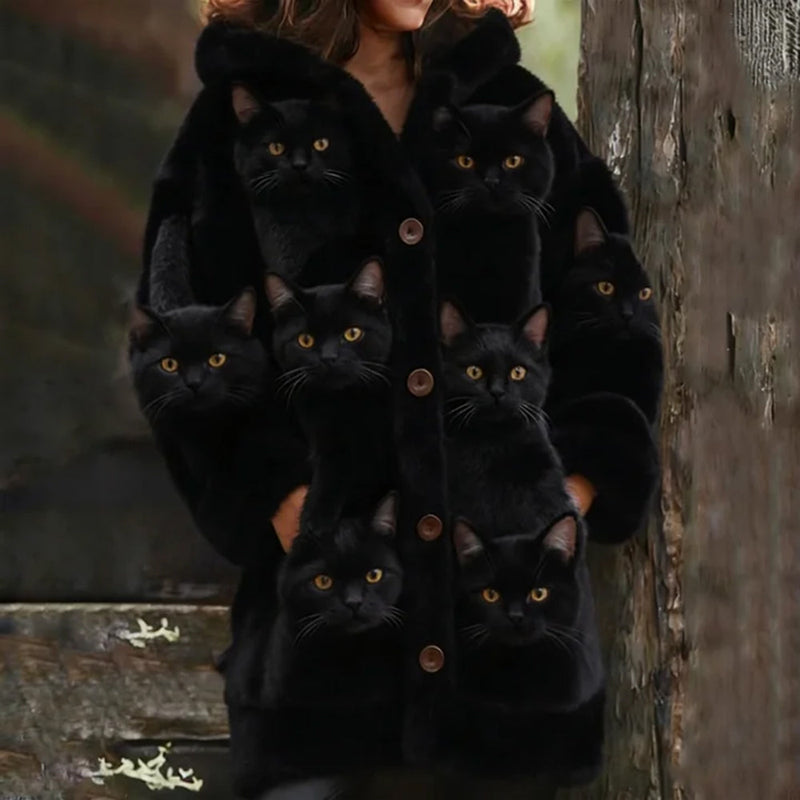 Wool Cardigan with Multiple Cat Print