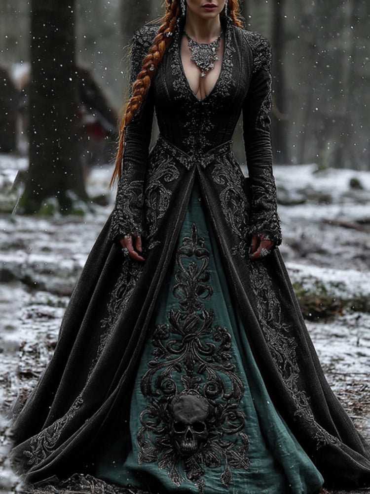 Women's Vintage Viking Skull Embroidery V Neck Casual Maxi Dress artswardrobe