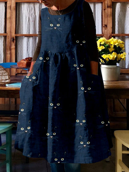 Cute Cat Face Pattern Comfy Midi Pinafore Dress elevenforest