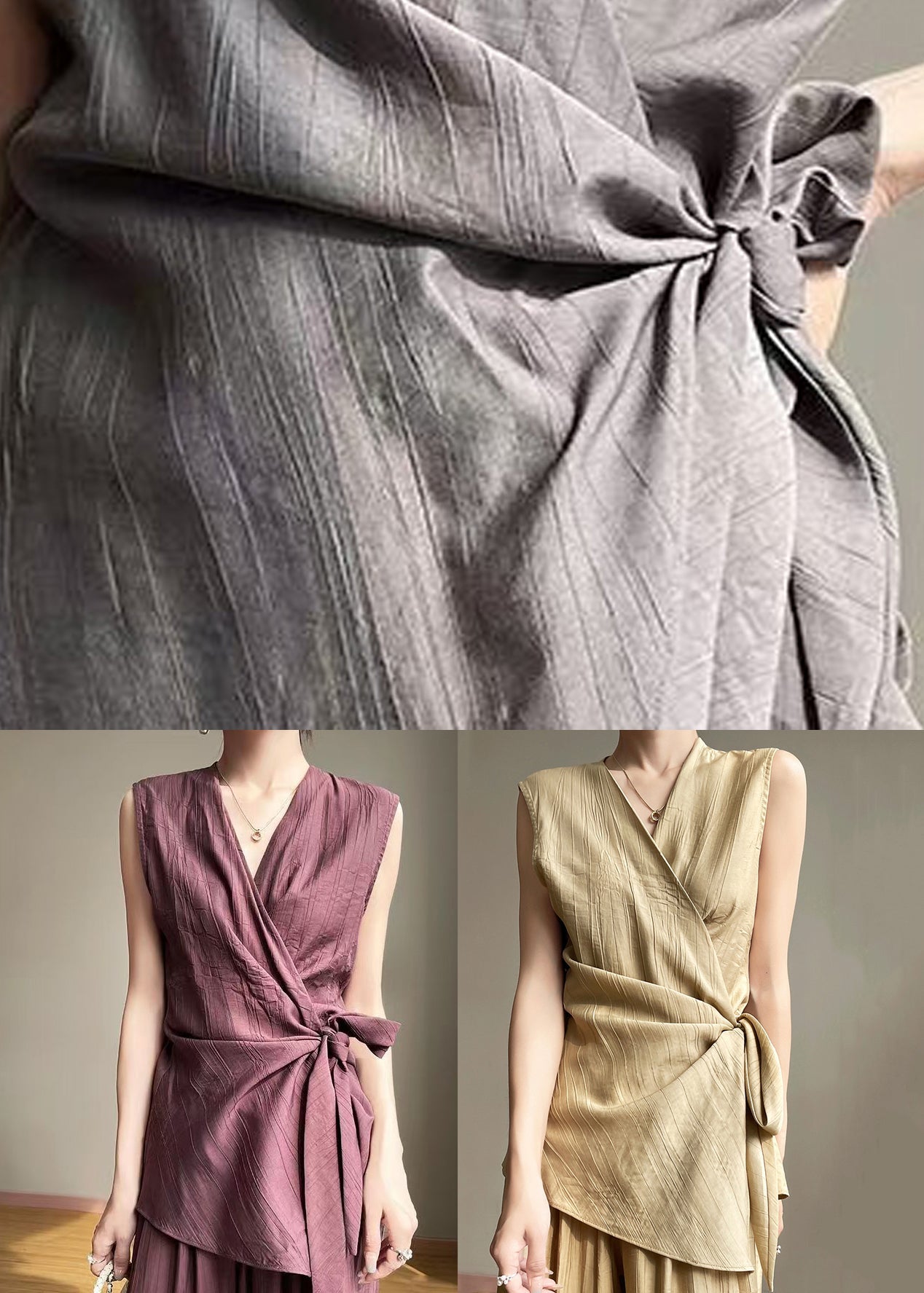 French Grey V Neck Lace Up Cotton Shirt Sleeveless