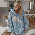 Women's Vintage Blue Rose Embroidery Long Sleeve Cozy Hooded artswardrobe