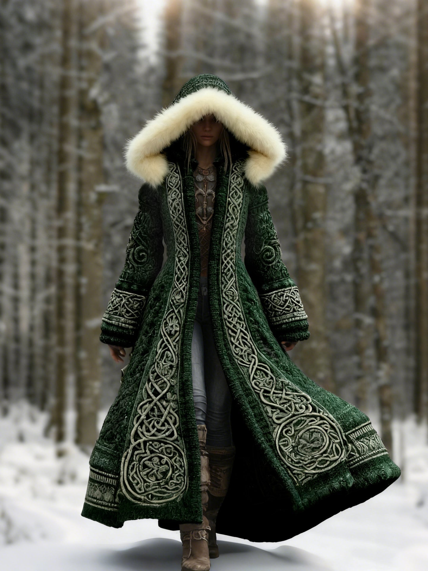 Comstylish Women's Viking Celtic Knot Knitted Jacquard Cozy Fur Trim Hooded Cardigan