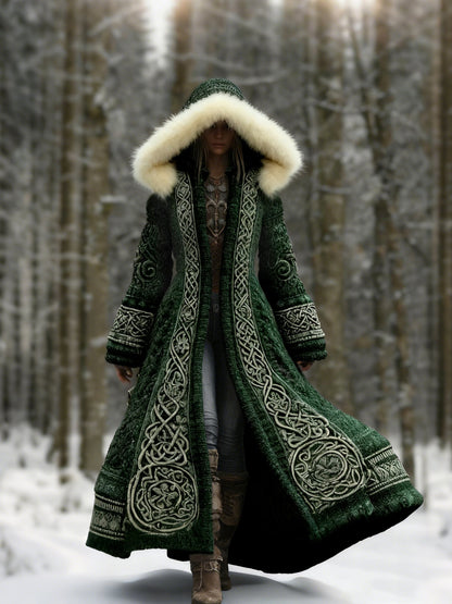 Comstylish Women's Viking Celtic Knot Knitted Jacquard Cozy Fur Trim Hooded Cardigan