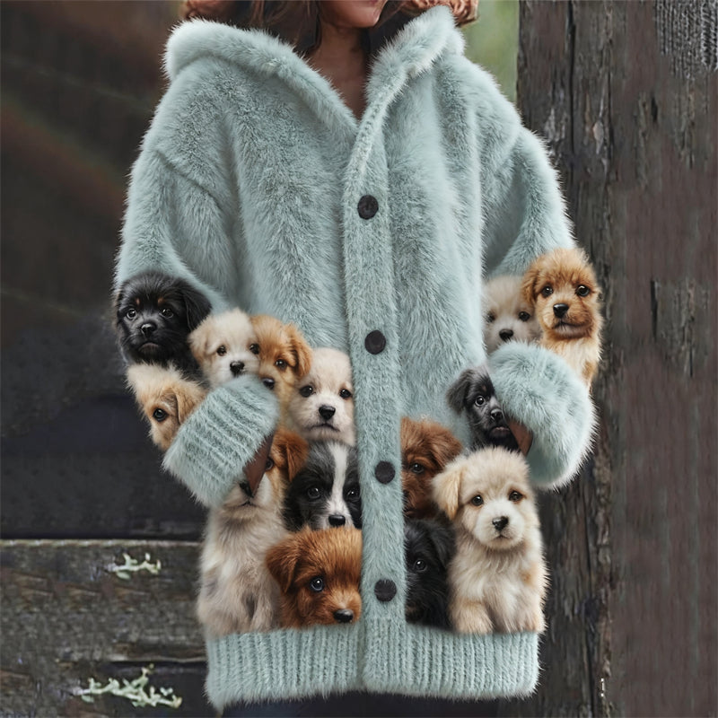 Comstylish Golden Retriever & Labrador Puppies Cozy Knit Hooded Cardigan