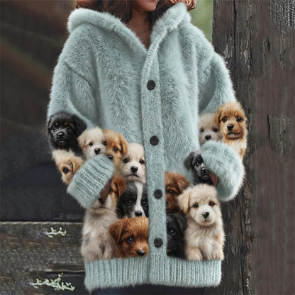 Comstylish Golden Retriever & Labrador Puppies Cozy Knit Hooded Cardigan