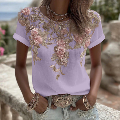 Women's Vintage Pink Rose Embroidery Art Round Neck Short Sleeve Linen Blend T-shirt artswardrobe