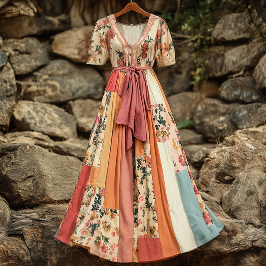Women's Vintage Floral Patchwork Short Sleeve Dress artswardrobe
