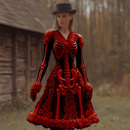 Comstylish Women's Halloween Skeleton And Rose Lace V-neck Dress