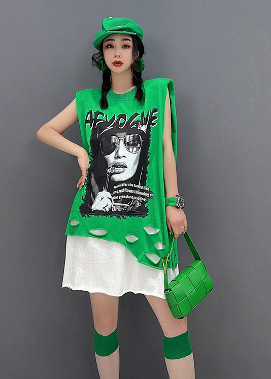 Green O-neck Print Patchwork Dress Sleeveless