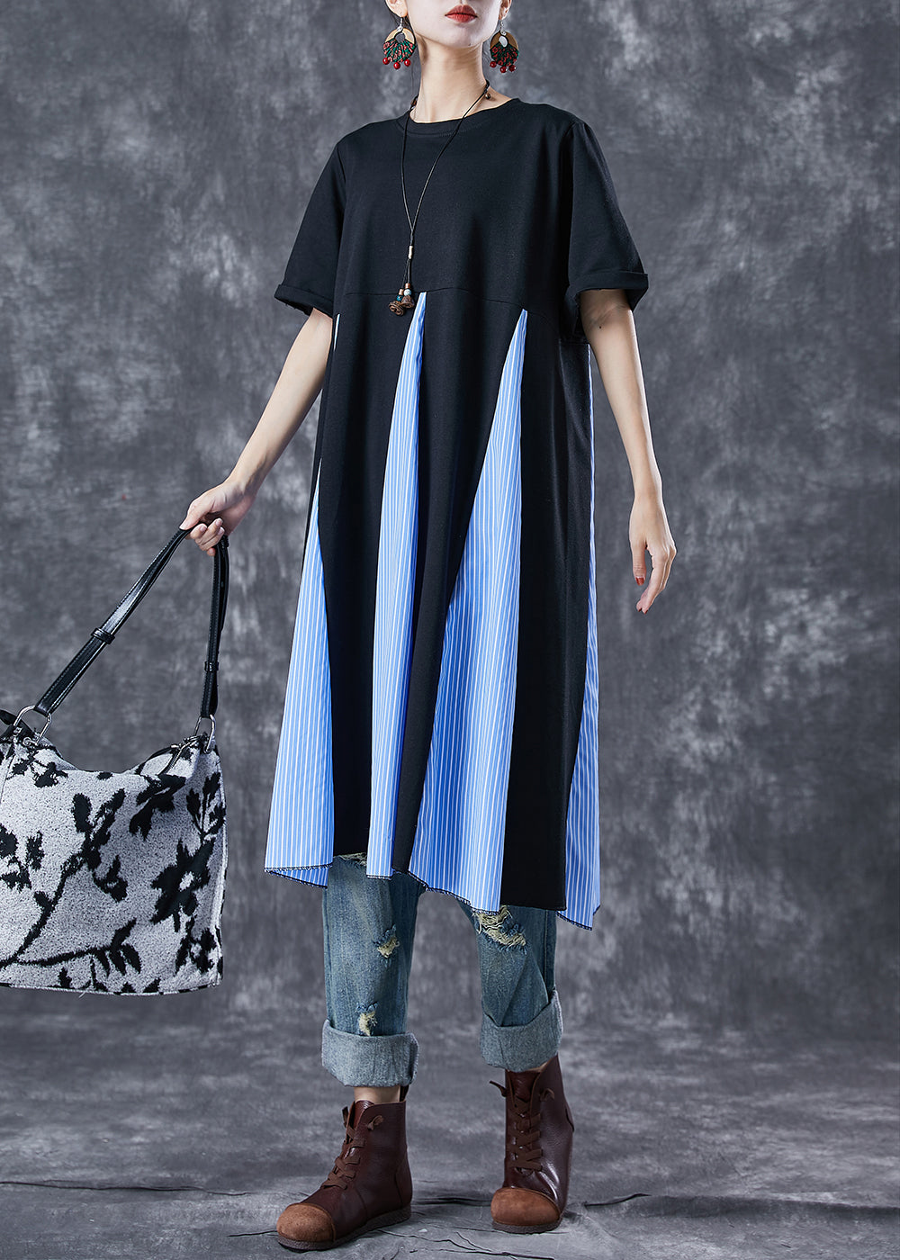 Black Patchwork Exra Large Hem Cotton Maxi Dresses Summer