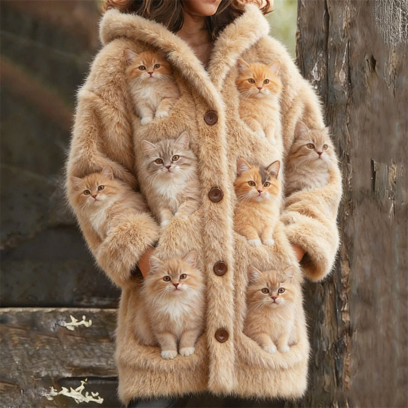 Wool Cardigan Beige with Multiple Cat