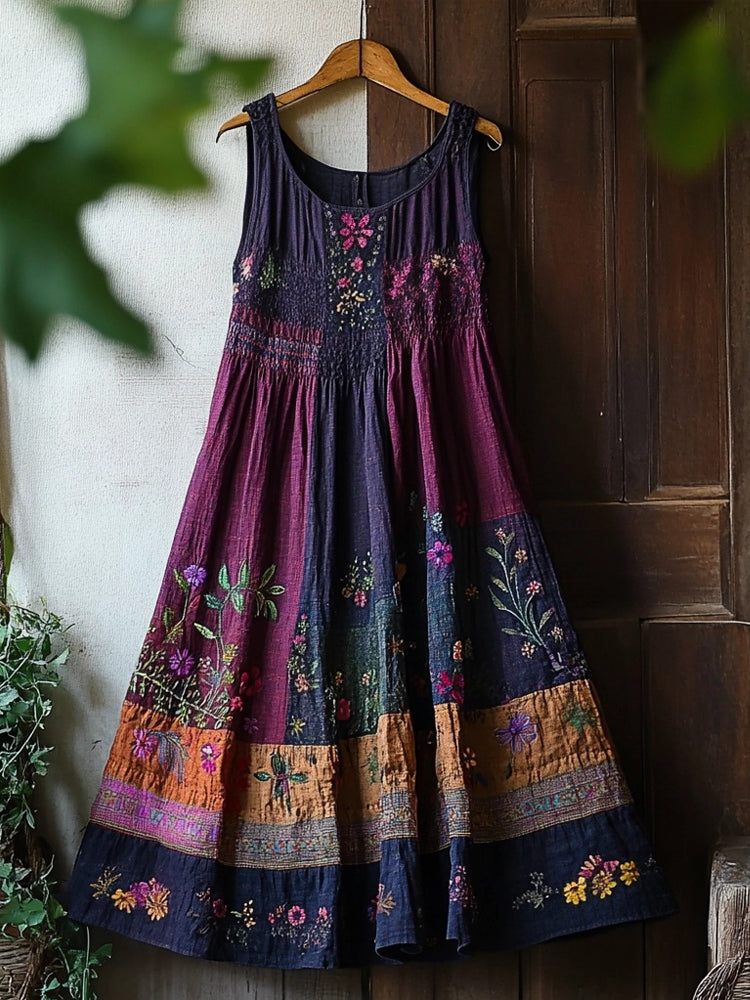 Vintage Boho Floral Embroidered Cozy Linen Midi Dress artswardrobe