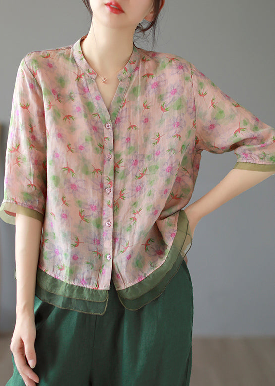 Lotus Root Pink Color Print Button Linen Shirt Summer
