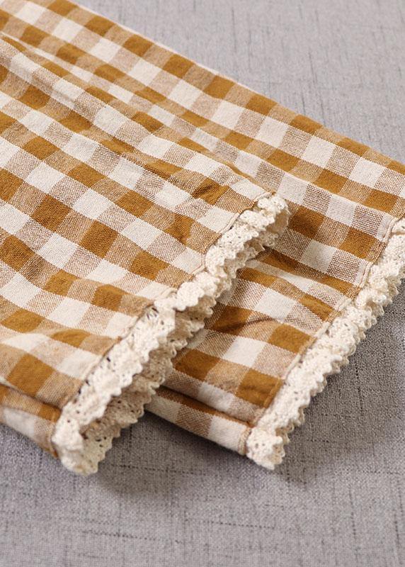 Classy Yellow Plaid Ruffled Wrinkled Pockets Fall Patchwork Vacation Dresses Long Sleeve