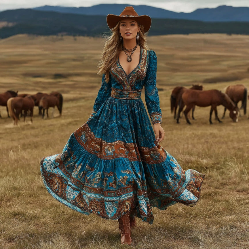Women's Vintage Western Horse Art Print V-neck Long Sleeve Maxi Dress artswardrobe