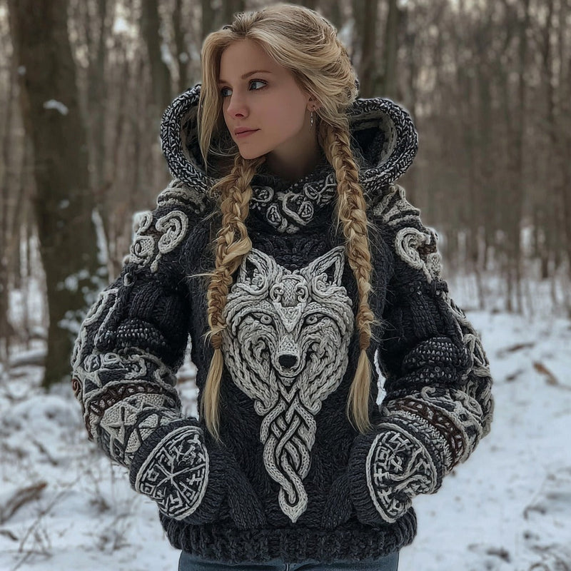 Cotton Blend Hooded Cardigan with Celtic Wolf Motif
