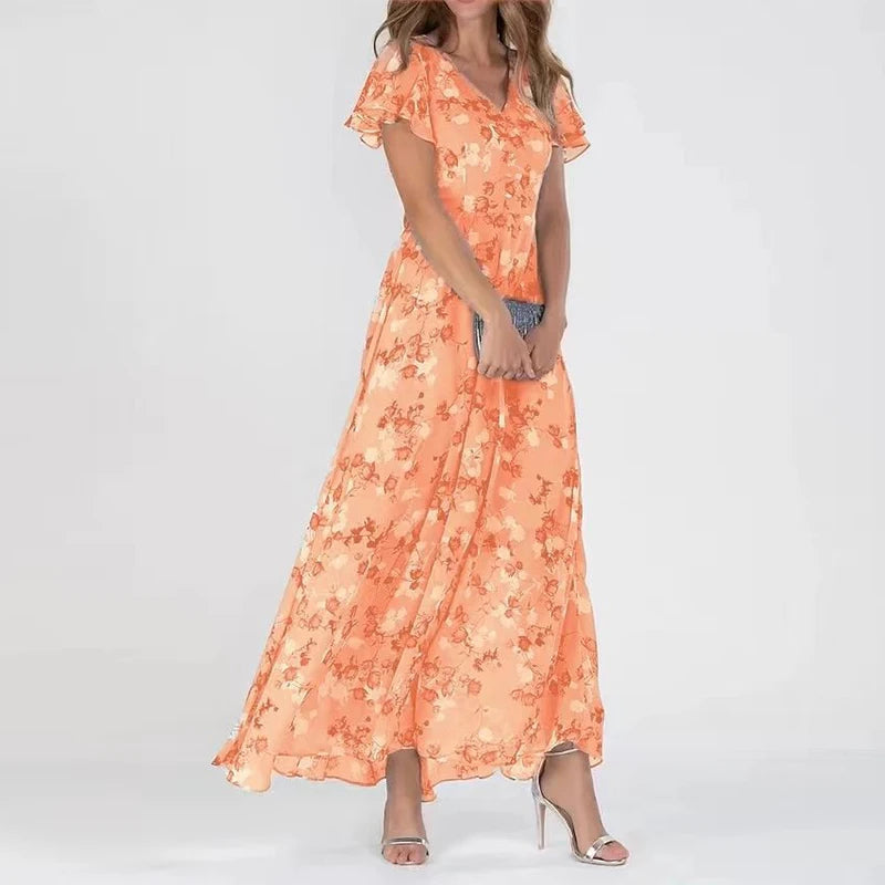 Maxi dress with ruffled sleeves and floral pattern