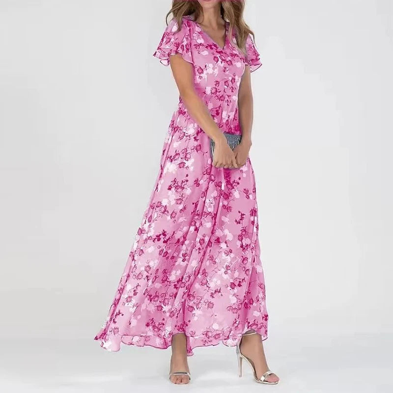 Maxi dress with ruffled sleeves and floral pattern