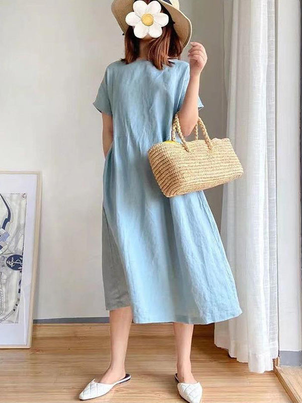 Loose Color Round-neck Midi Dresses