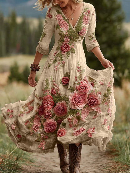 Women's Vintage Rose Floral Art V Neck Linen Blend Comfy Maxi Dress artswardrobe