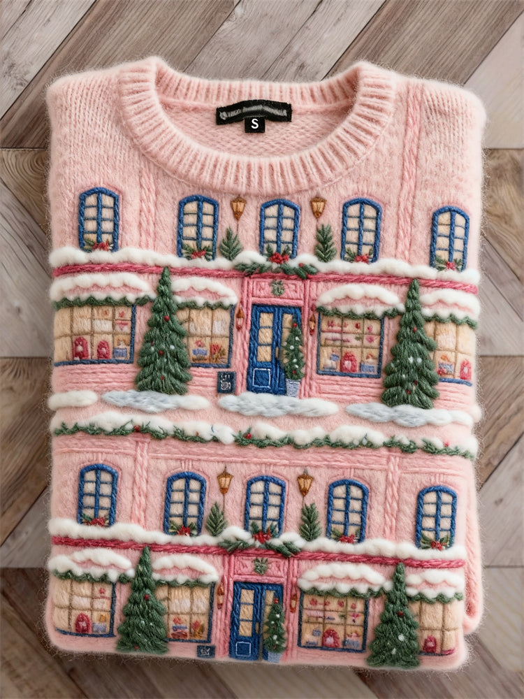 Wool Pullover with Pink Houses Design