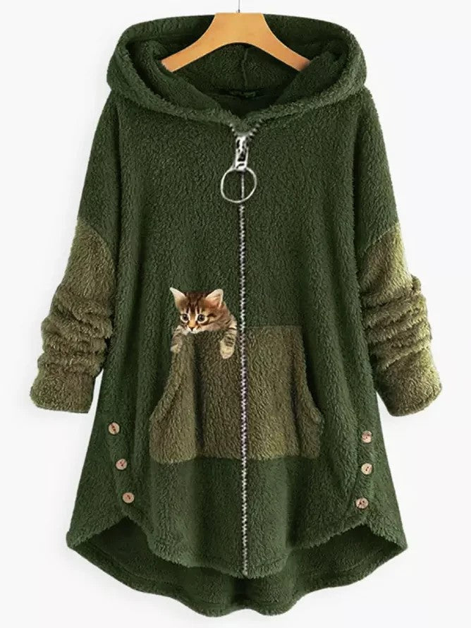 Fleece Hooded Coat with Colorblock Panels and Embroidered Kitten Pocket