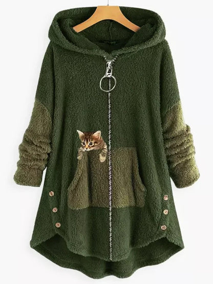 Fleece Hooded Coat with Colorblock Panels and Embroidered Kitten Pocket