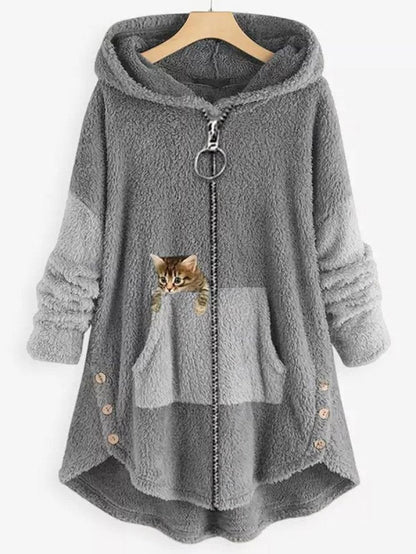 Fleece Hooded Coat with Colorblock Panels and Embroidered Kitten Pocket