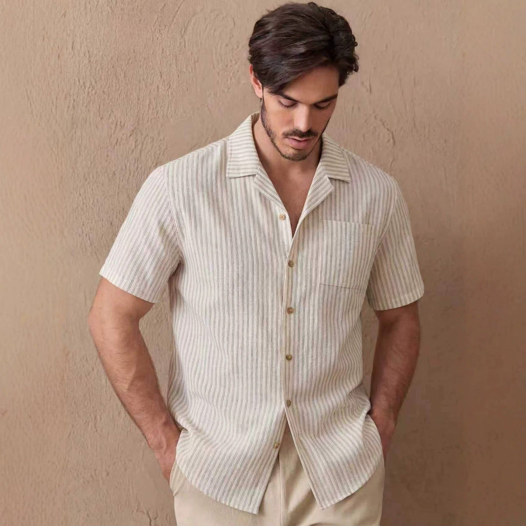Khaki Striped Pockets Cotton Shirts Peter Pan Collar