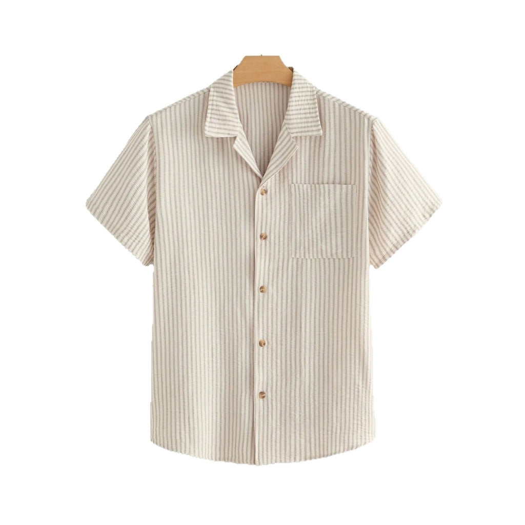 Khaki Striped Pockets Cotton Shirts Peter Pan Collar