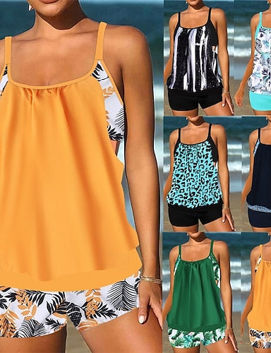 Swimwear 2 Piece Shorts Swimsuit Patchwork Backless Vacation Beach Wear U Neck Sleeveless Bathing Suits