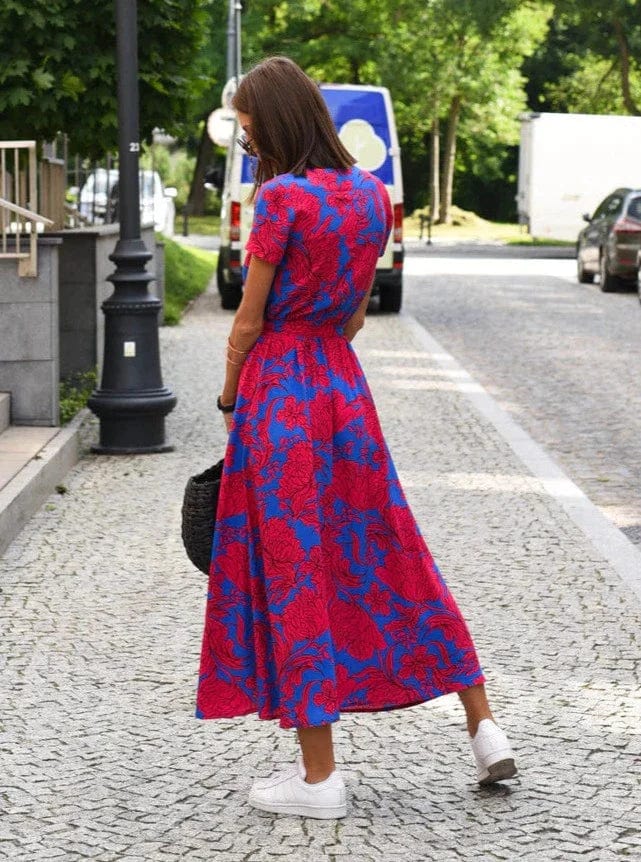 Elegant summer midi dress with multicolored flowers