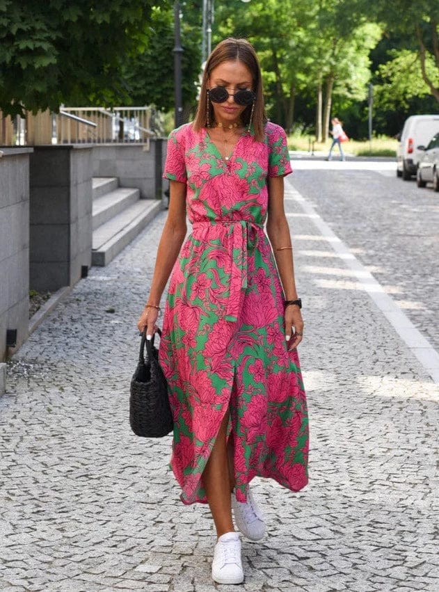 Elegant summer midi dress with multicolored flowers