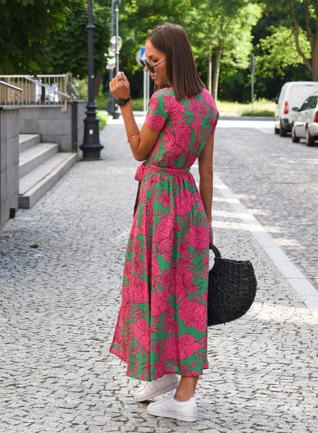 Elegant summer midi dress with multicolored flowers