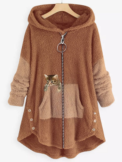 Fleece Hooded Coat with Colorblock Panels and Embroidered Kitten Pocket