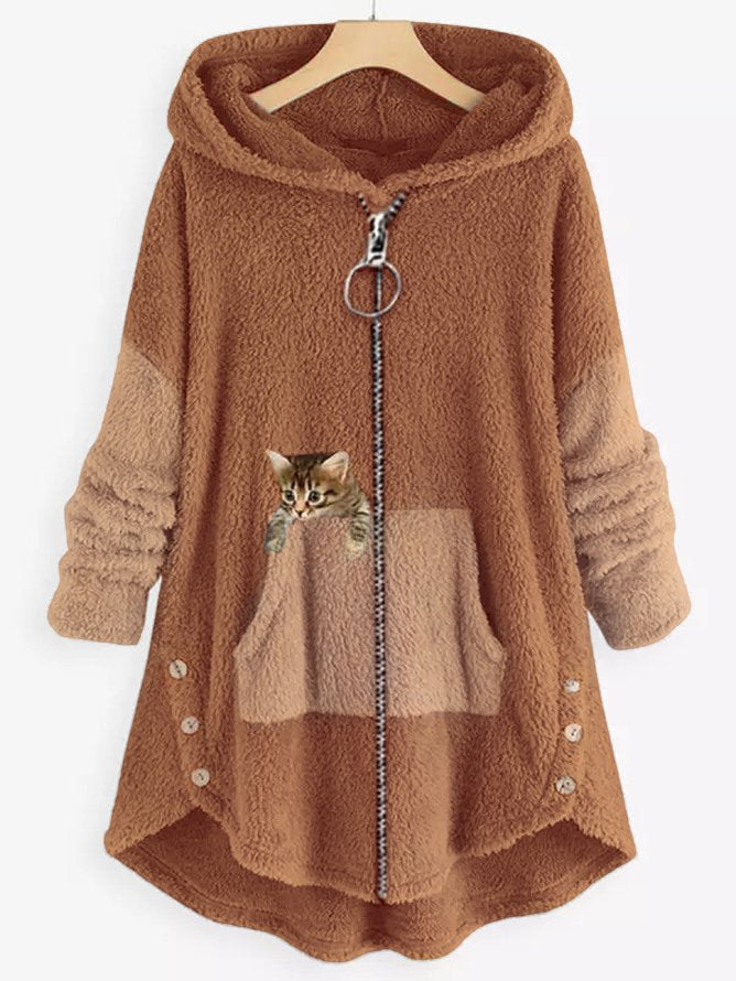 Fleece Hooded Coat with Colorblock Panels and Embroidered Kitten Pocket