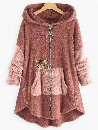 Fleece Hooded Coat with Colorblock Panels and Embroidered Kitten Pocket