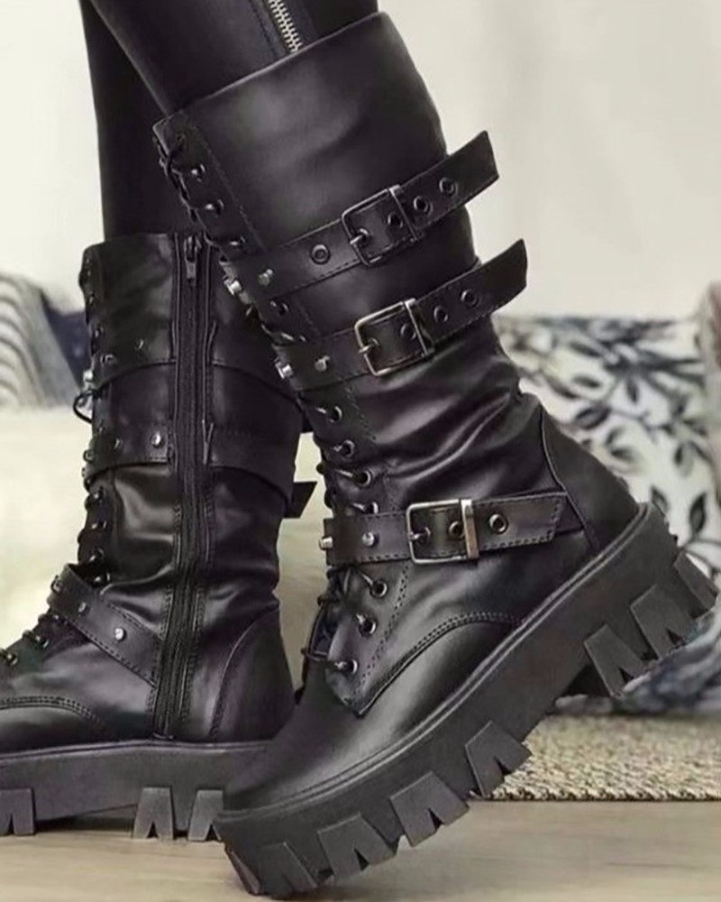 Boots with zipper and buckles