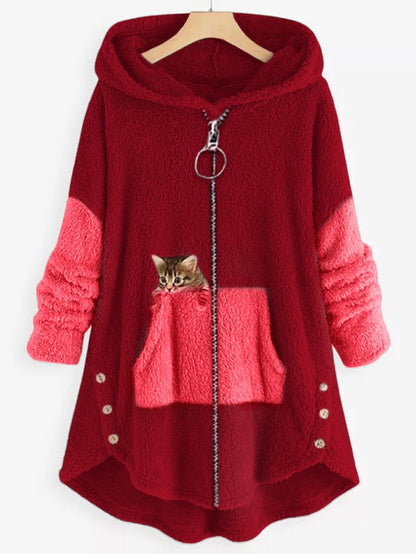 Fleece Hooded Coat with Colorblock Panels and Embroidered Kitten Pocket