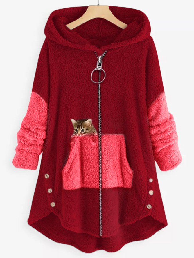 Fleece Hooded Coat with Colorblock Panels and Embroidered Kitten Pocket