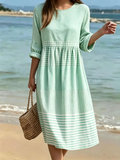 Fitted Green Puff Sleeve Patchwork Striped Cotton Robe Dresses