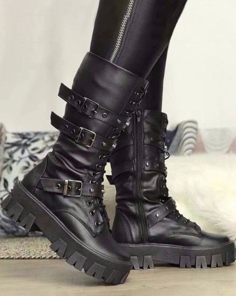 Boots with zipper and buckles